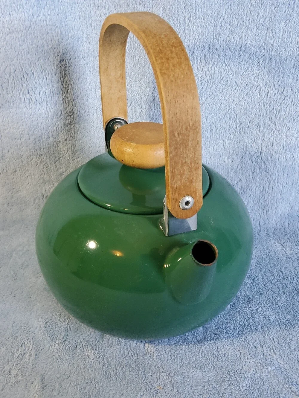 Vintage Enamelware Knob Teapot Kettle Teak Wood Handle Green Unbranded